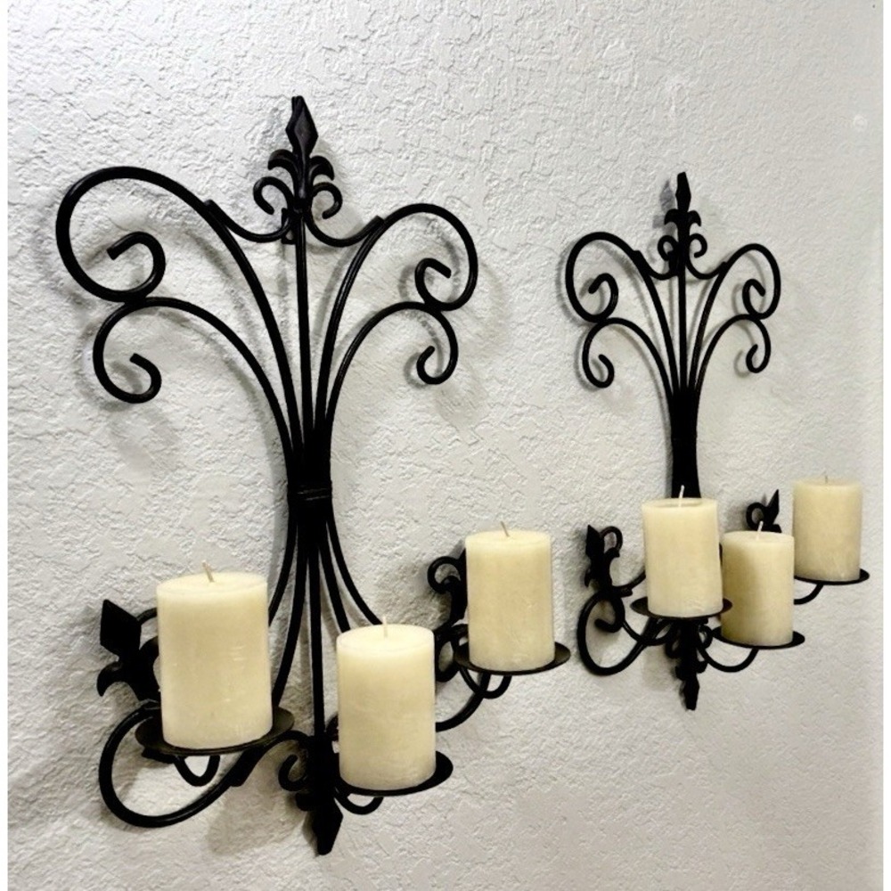 Pair of Black Wrought Iron Fleur-de-Lis Wall Sconces - 3-Candle Pillar Holders *